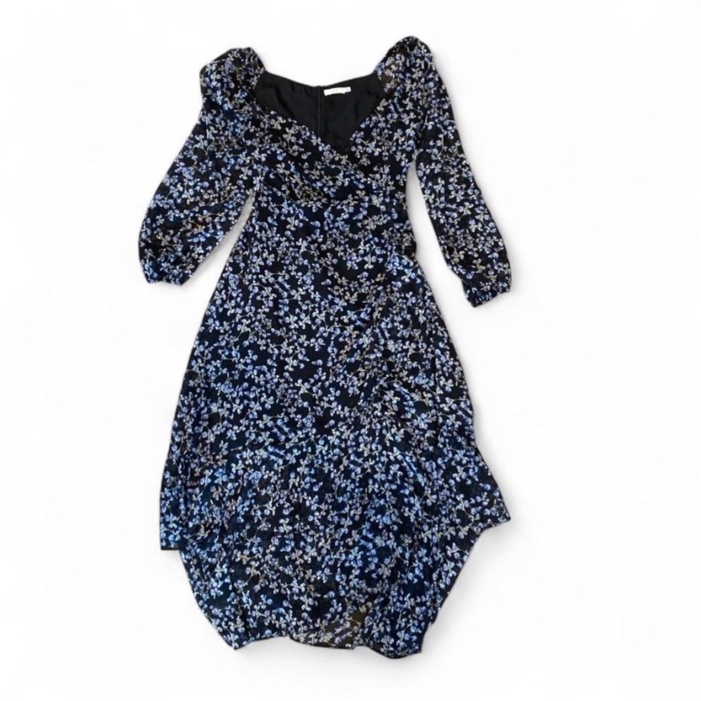 LUSH Maxi Dress Women Medium Faux Wrap Long Sleeve Blue Floral Dress